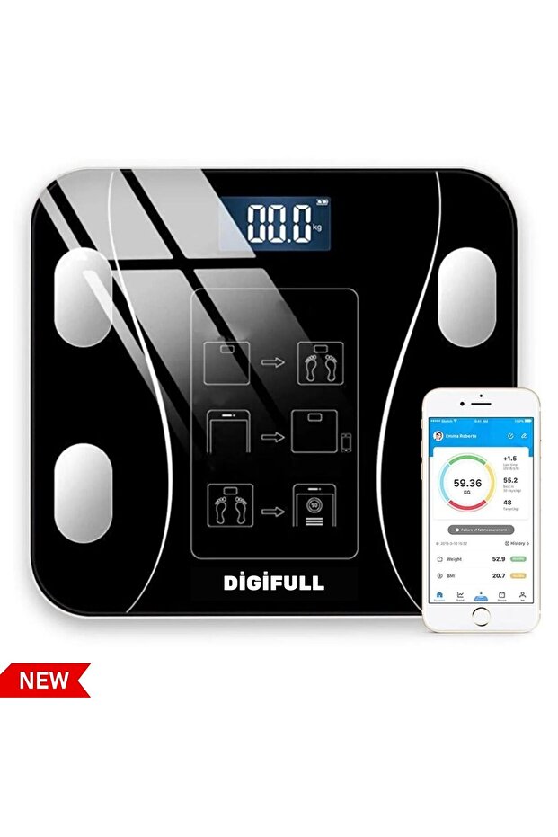 DİGİFULL Akıllı Dijital Tartı Baskül Yağ Su Kas Vücut Kitle Endeksi Kilo Ölçer Tartı Bluetooth Bağlantılı