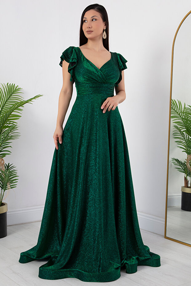 Kol Volanlı Simli Abiye Elbise 39925 - 5