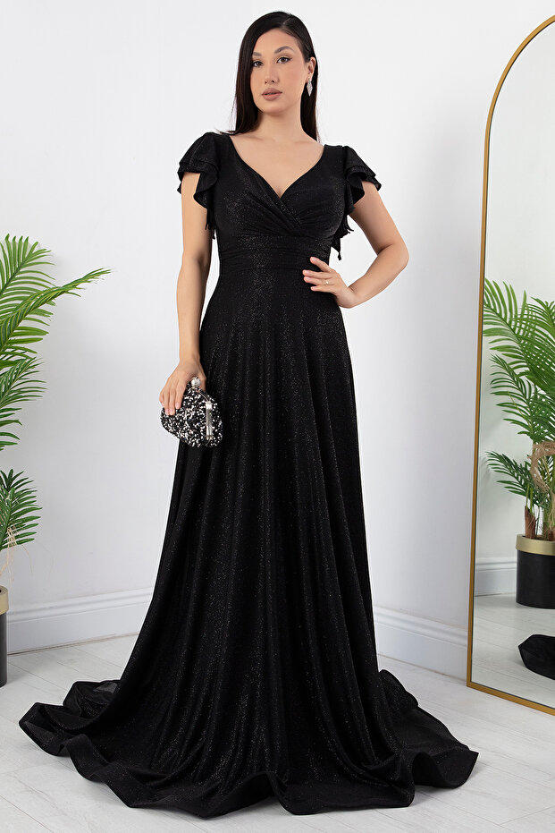 Kol Volanlı Simli Abiye Elbise 39925 - 1