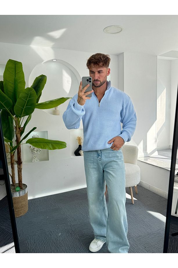 Bebe Mavi Fermuarlı Oversize Örme Kazak - 1