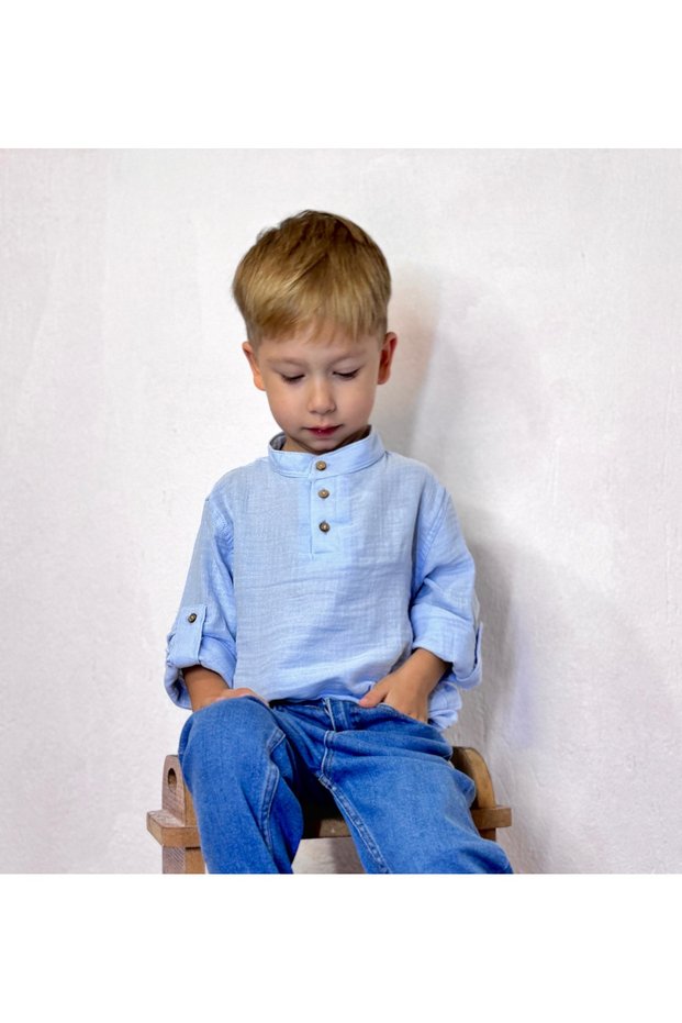 Organic Hakim Collar Muslin Shirt Dark Blue Color