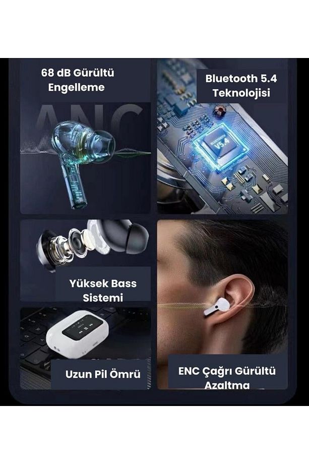 Bluetooth Kulaklık LCD Tam Renkli Akıllı Ekran Dokunmatik Ekran ANC Gürültü Azaltma  TWS Kulaklık - 7