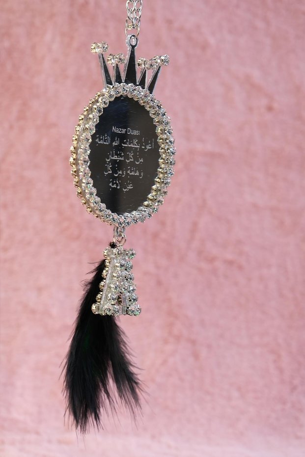 Ayetel Kursi Evil Eye Prayer for Silver Dream Catcher, Black Feather & Letter Rearview Ornament