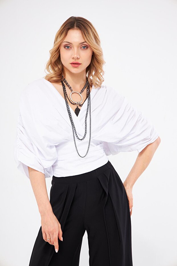 Drapeli Çapraz Yaka Bluz - 2