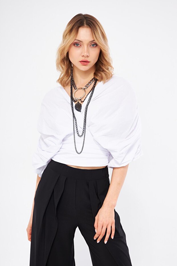 Drapeli Çapraz Yaka Bluz - 5