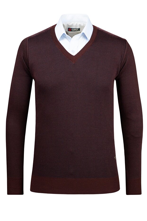 Men's V-Neck Knitwear Burgundy Sweater Patterned Steel Knit Classic Fit - 5015D