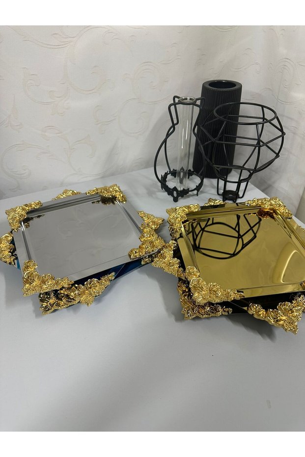Luxury Stainless Steel Four Corner Gold Rose Detailed 2 Different Colors Square Silver Gold Coffee Tea Presentation Tray