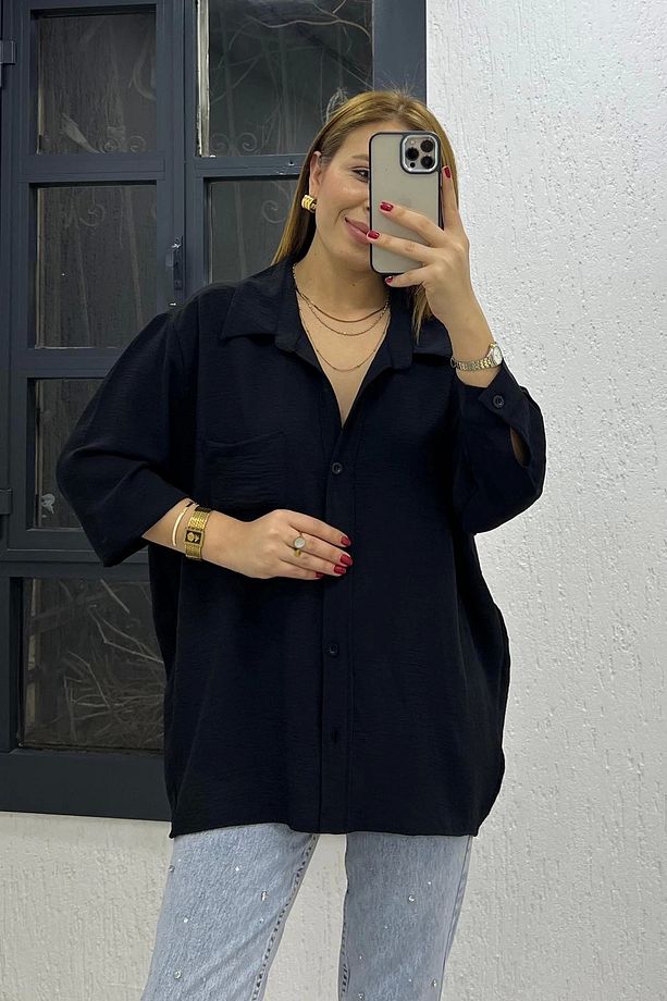 Ayrobin Kumaş Tek Cep Oversize Gömlek Siyah - 1
