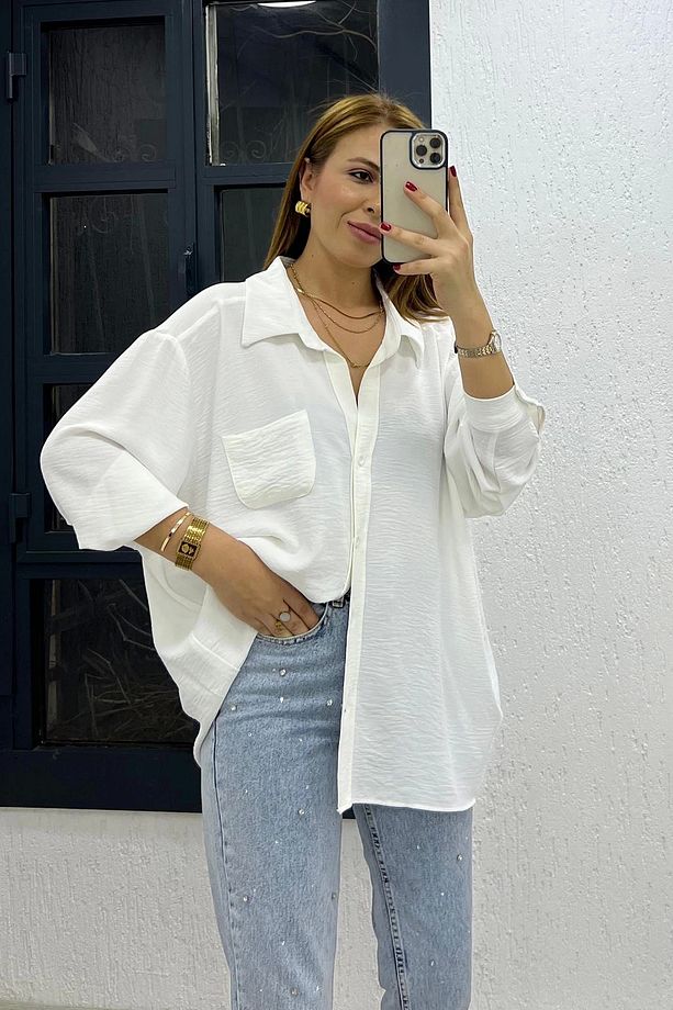 Ayrobin Kumaş Tek Cep Oversize Gömlek Beyaz - 2