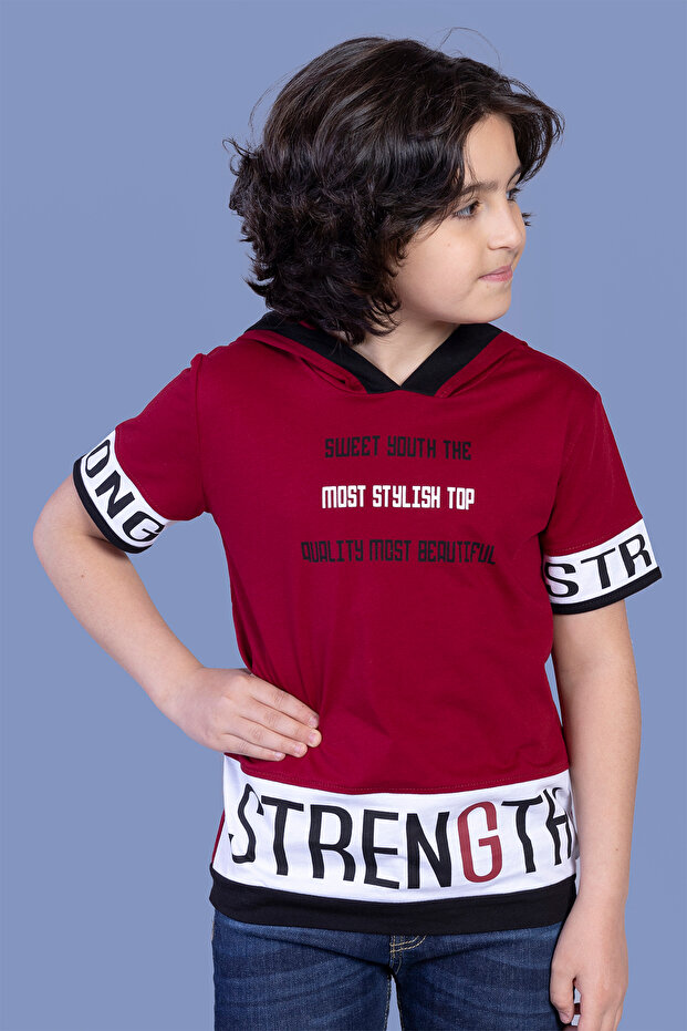 Boy's Hooded Garni Detailed Printed T-Shirt