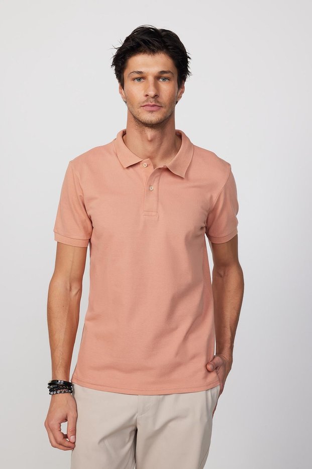 Men's Slim Fit Slim Fit 100% Cotton Plain Pique Salmon Color Polo Collar T-Shirt