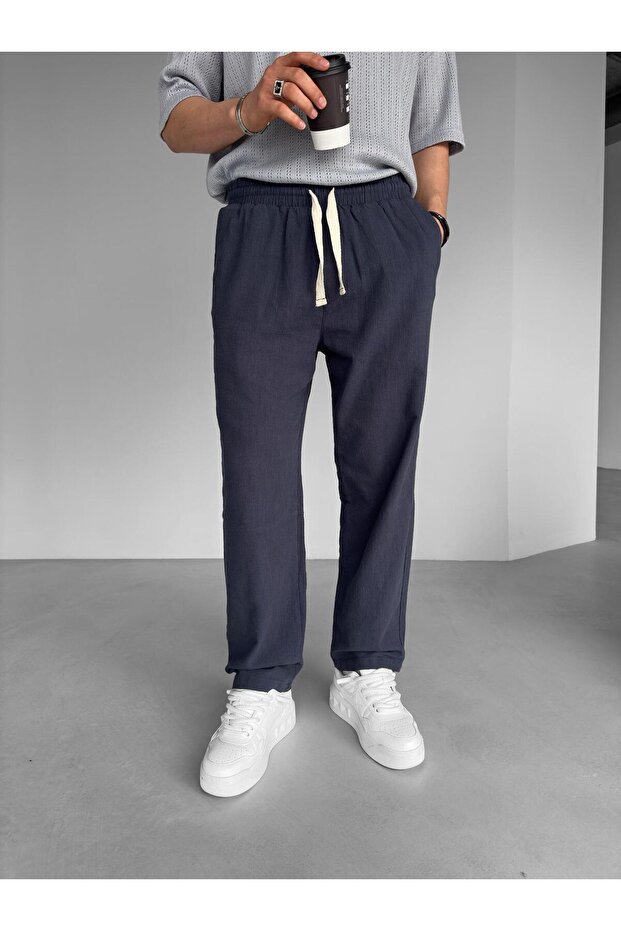 Men's Baggy Fit Linen Trousers Navy Blue