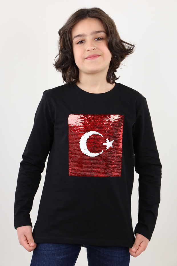 Unisex Children's Ataturk Flag Double-Sided Sequin T-Shirt