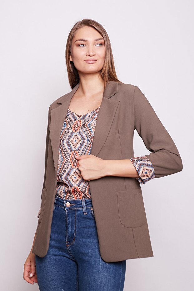 Collared Pocketed Long Sleeve Arm if You Want It Can Be Folded Cotton Fabric Blazer Office Jacket-Mink