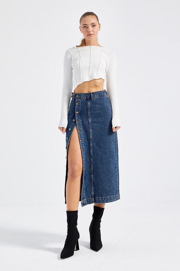 Kadın Tint Kot Rengi Tilia Önü Düğmeli Maxi Boy Denim Etek - 7