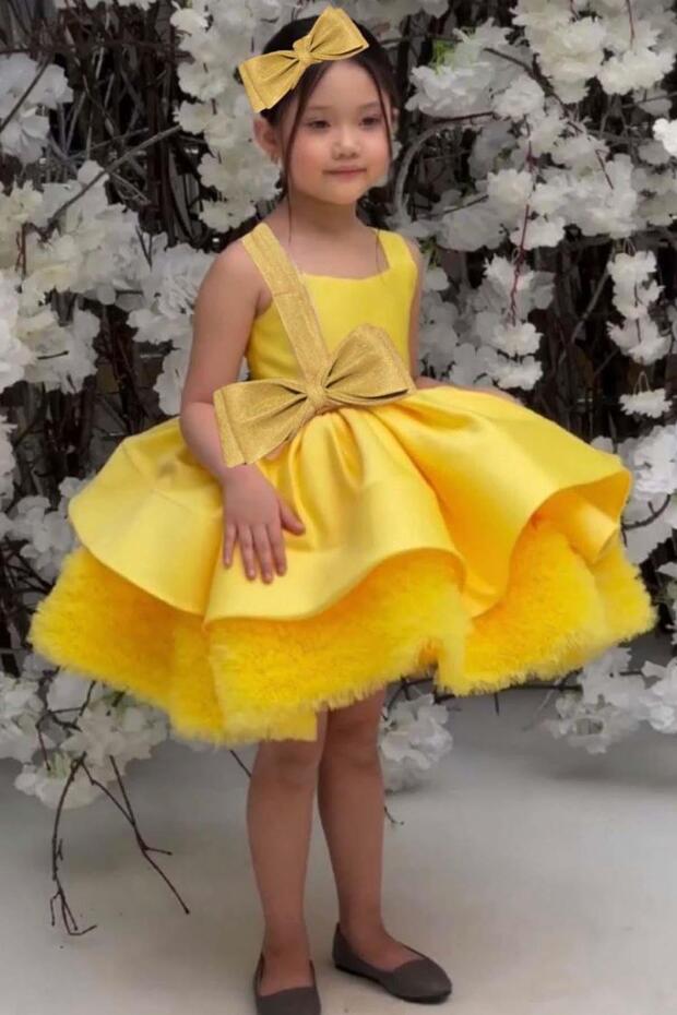 Girl's Silvery Bow Detailed Layered Tulle Yellow Evening Dress