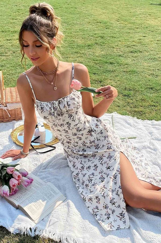 Yırtmaçlı Çiçek Desenli Midi Elbise - 6