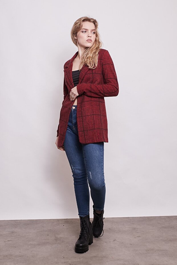 Plaid Pattern Collared Long Sleeve Single Button Woolen Fabric Blazer Jacket-Burgundy Plaid
