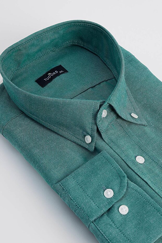 Men's Big Size Large Size Embroidered Oxford Texture Pocket Green Collar Buttoned Shirt