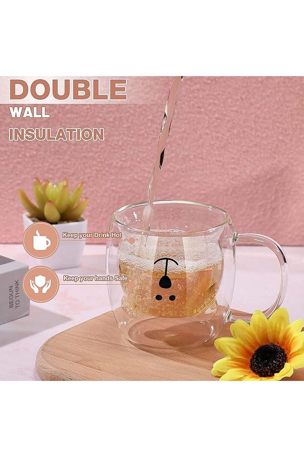2 Adet Ayıcık Tasarımlı Çift Cidarlı Kulplu Cam Kupa 250 Ml Hediyelik  Ayıcık Bardak 2'li Takım - 5