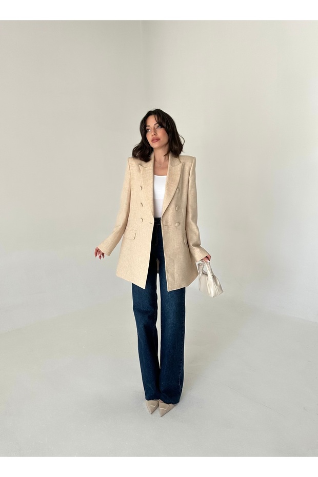 Coated Buttoned Long Blazer Jacket - 8