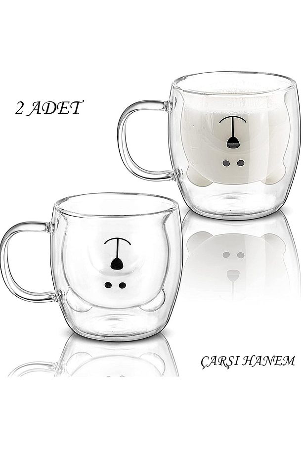 2 Adet Ayıcık Tasarımlı Çift Cidarlı Kulplu Cam Kupa 250 Ml Hediyelik  Ayıcık Bardak 2'li Takım - 1