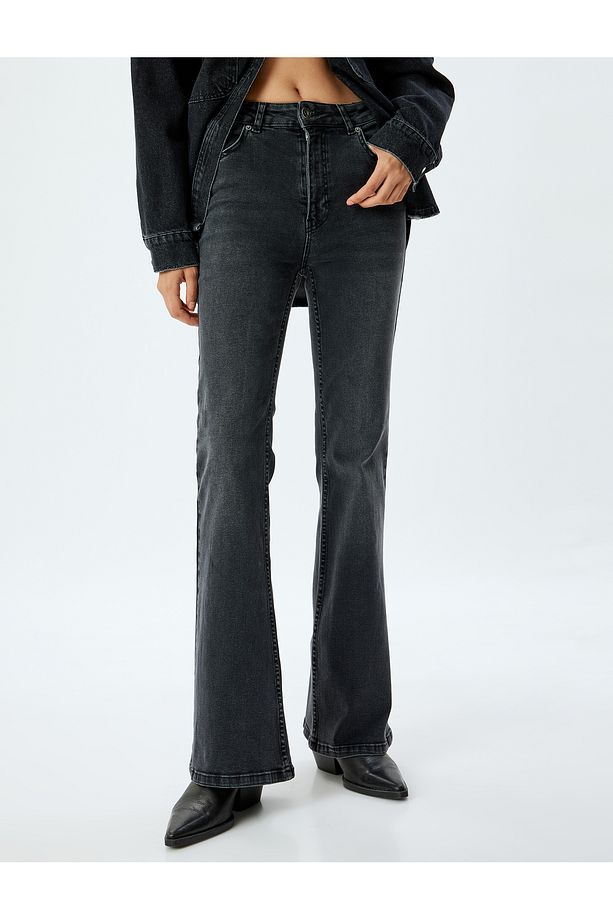 İspanyol Paça Kot Pantolon Slim Fit Yüksek Bel Düğmeli - Flare Jean - 3