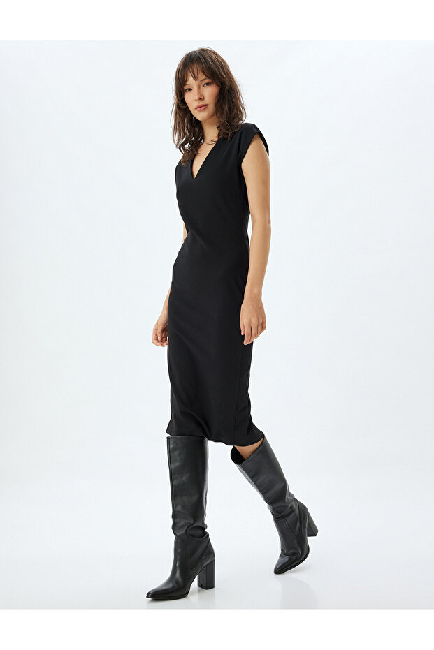 V Neck Sleeveless Crepe Scuba Fabric Slim Fit Midi Length Pencil Dress