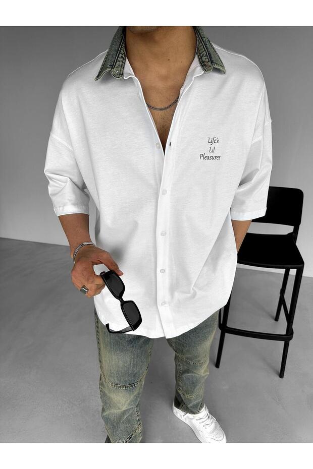 Men's Oversize Denim Collared Printed Shirt White
