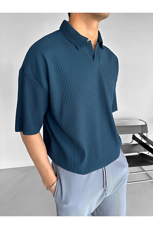 Men's Oversize Polo Collar Basic Ribbed T-Shirt Petrol Blue
