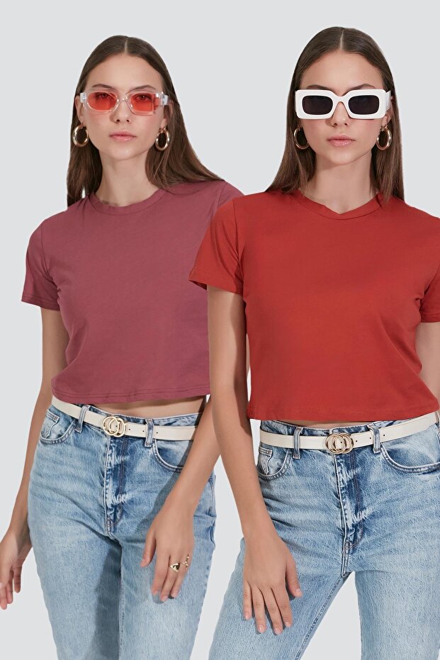 Crew Neck Short Sleeve 2-Piece Crop T-Shirt 956 Tile/Dry Rose