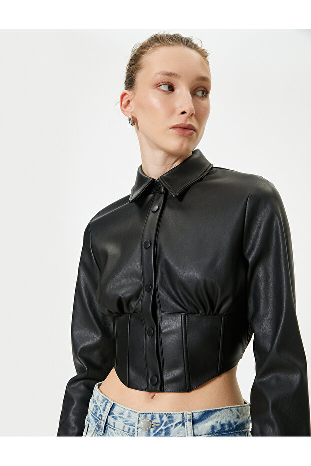 Long Sleeve Leather Look Crop Shirt - Corset Detailed, Buttoned Slim Fit