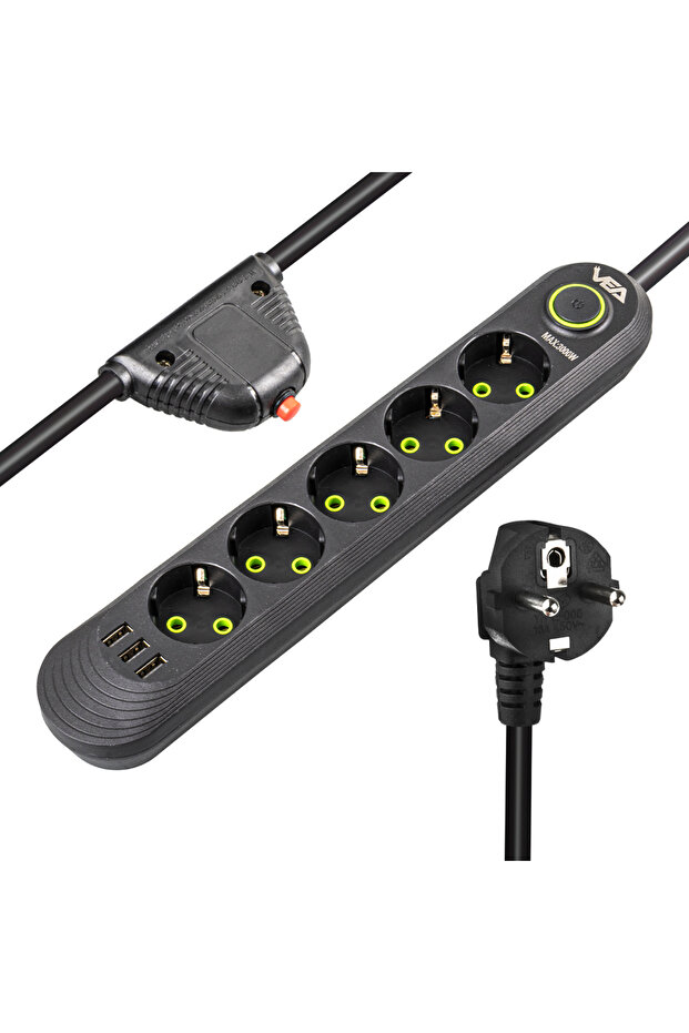 Va-21561 5 قطع 1.5 متر كابل 3 USB مقبس أسود محمي من التيار
