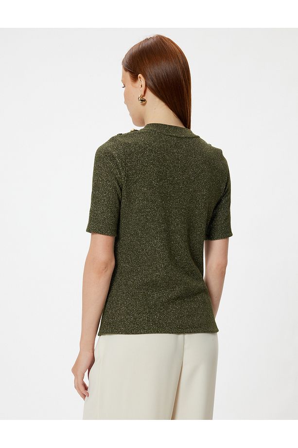 Apolet Detaylı Kısa Kollu Tişört Yuvarlak Yaka Slim Fit - 4