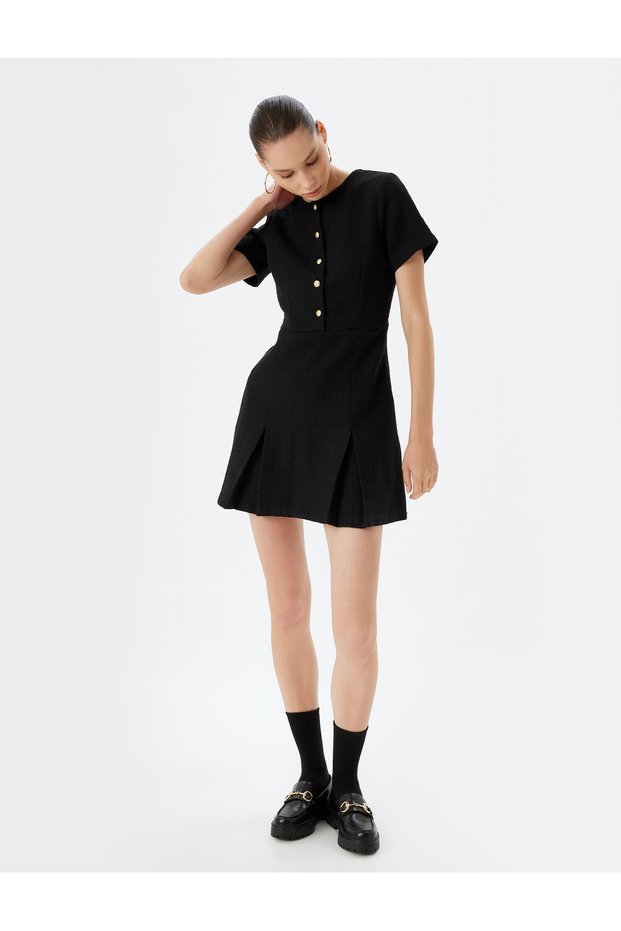 Tweed Mini Dress Button Detail Short Sleeve Slim Fit