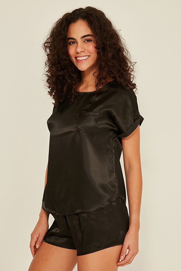 080 Women's Satin T-Shirt Shorts Set Black