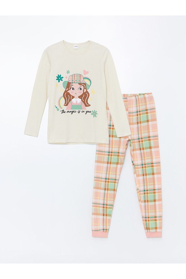 Lcw Kids Ecru Crew Neck Printed Long Sleeve Girls' Pajama Set