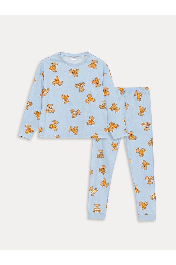 Lcwk Bisiklet Yaka Baskılı Uzun Kollu Kız Çocuk Pijama Takımı - 1