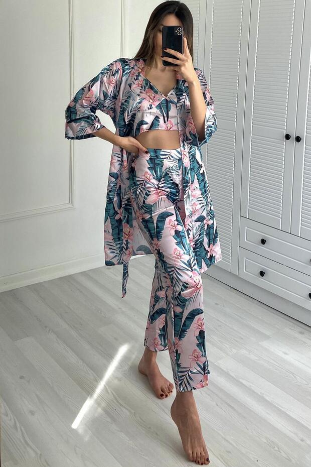 045 Women's Patterned 3-Piece Satin Pajama Set Ecru/Green