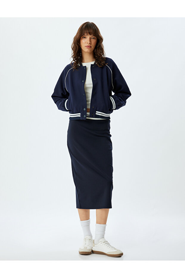 Contrast Detailed Elastic Waist Slit Midi Length Pencil Skirt