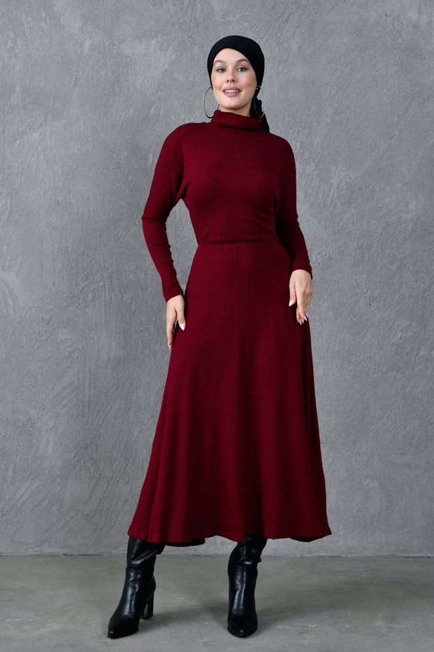 Flexible Acrylic Fabric Stand Collar Long Sleeve Midi Length Burgundy Hijab Dress 134