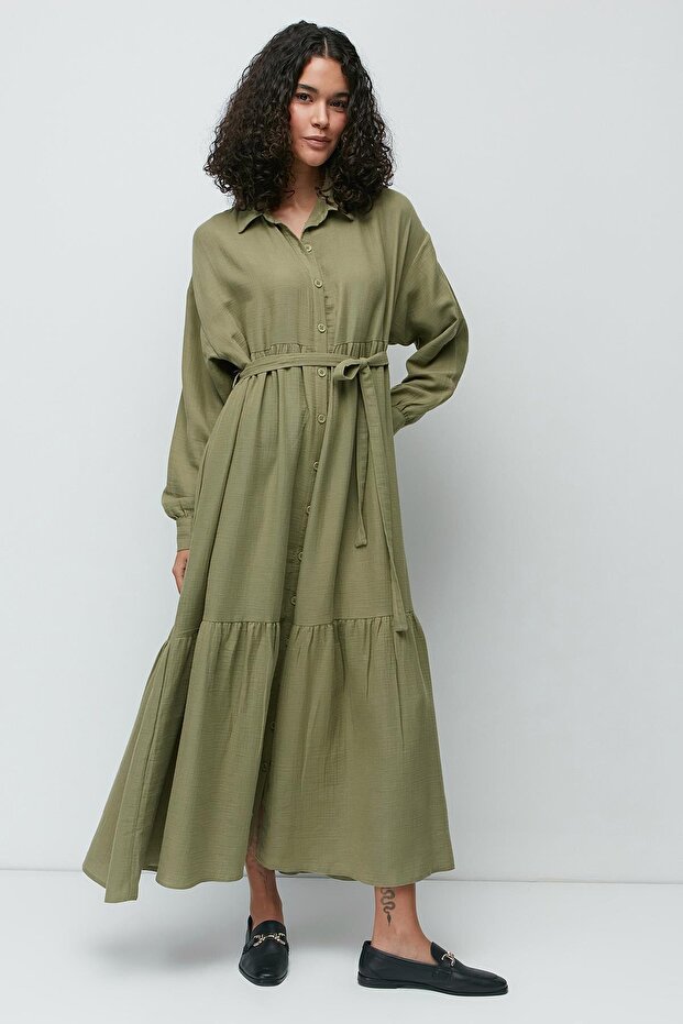 Organic Cotton Muslin Long Sleeve Dress 9128 Khaki