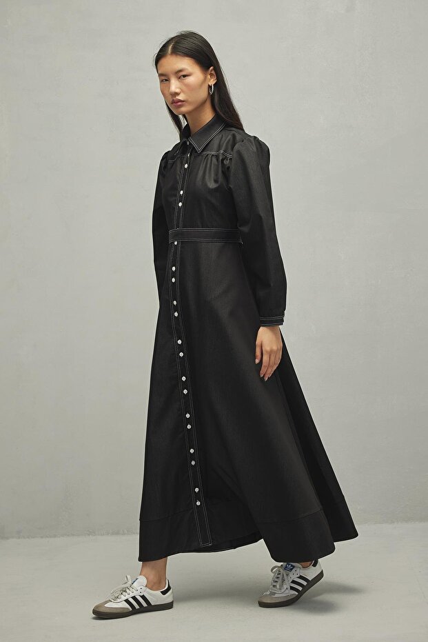 Dikişli Elbise Kot Siyah - 4