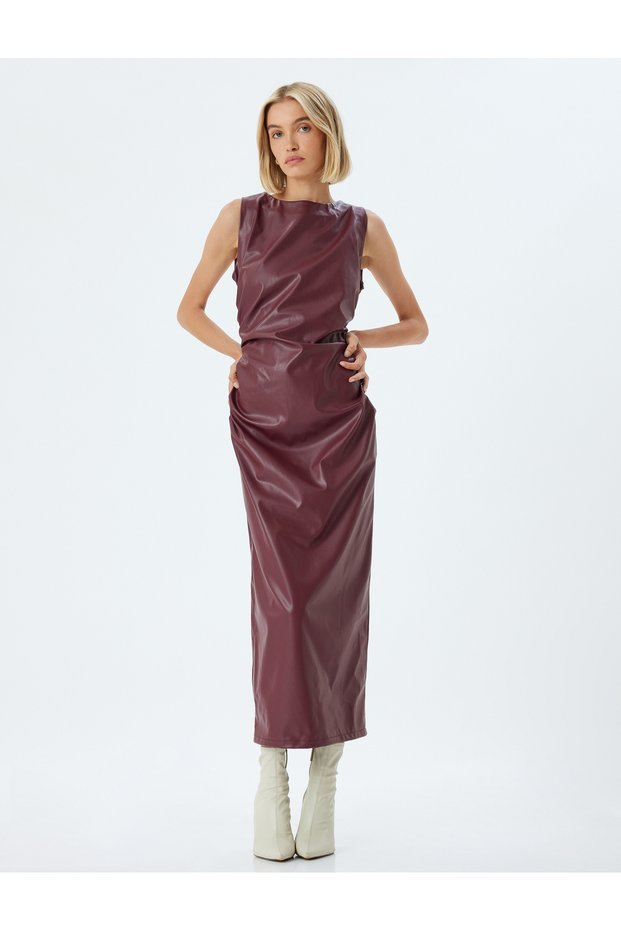 Long Faux Leather Dress Sleeveless Round Neck Slit