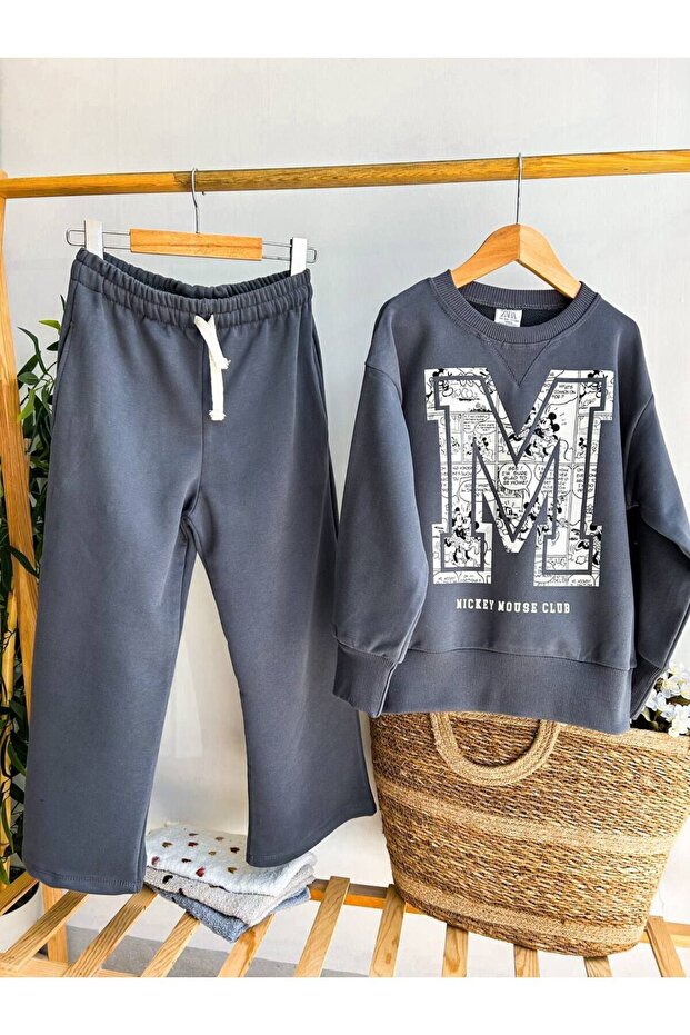 Babyaden m Letter Mickey Cotton 3 Thread Non-Ironed Sweat Loose Spanish Leg Sweatpants Girls' Set