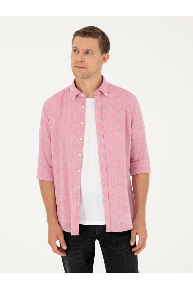 Red Slim Fit Linen Blended Shirt 50266184-Vr030