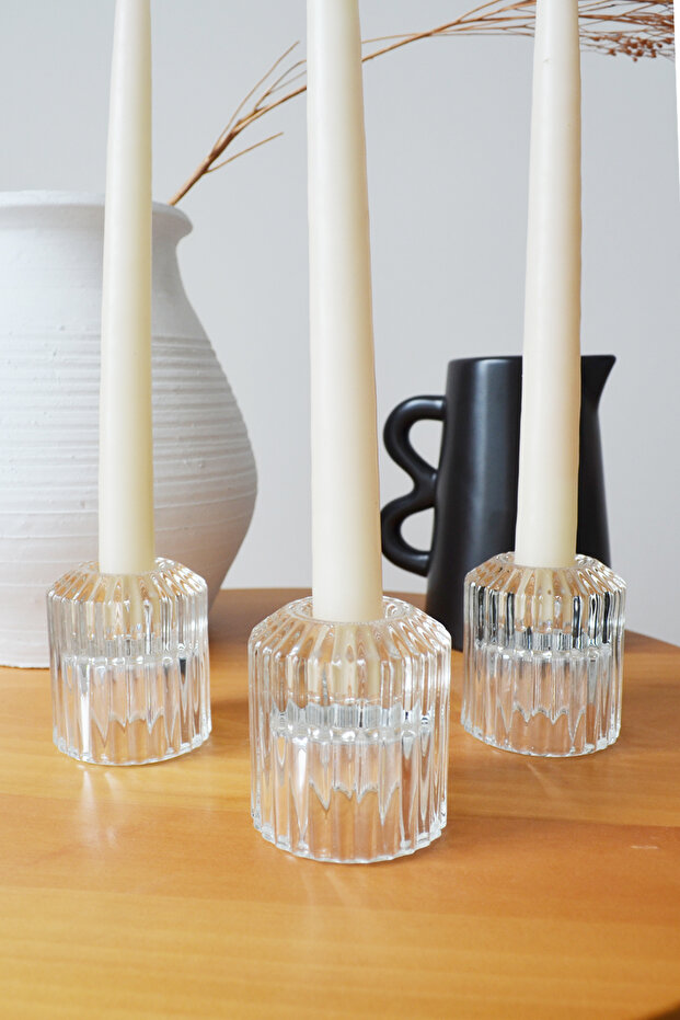 Cam Şeffaf Şamdan Mumluk, 3 lü Set Çift Taraflı - 1