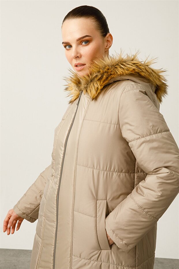 Wolf Kürklü Kapitone Şişme Manto-Taş - 3