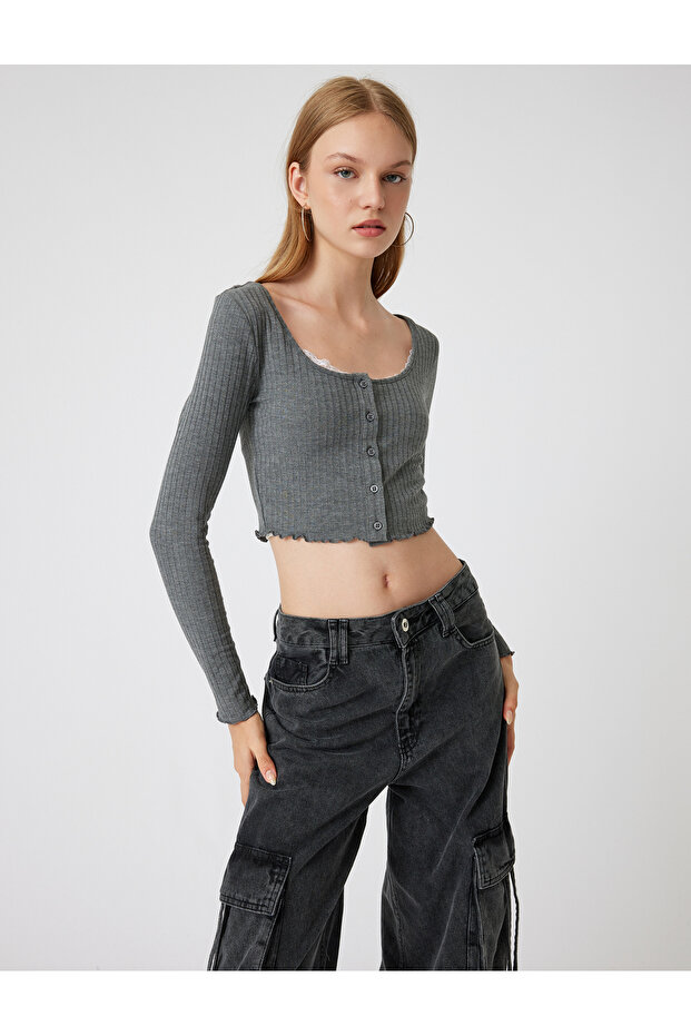 Long Sleeve T-Shirt Crop U Neck Buttoned Slim Fit