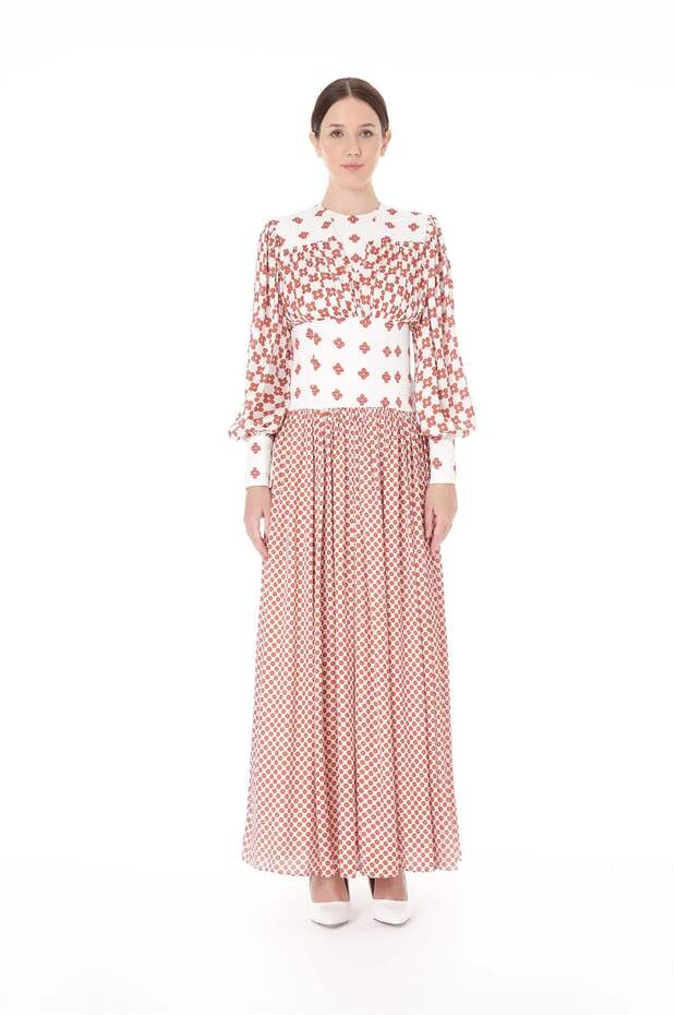 EMBROIDERY DETAIL DIGITAL PRINT LONG DRESS Orange